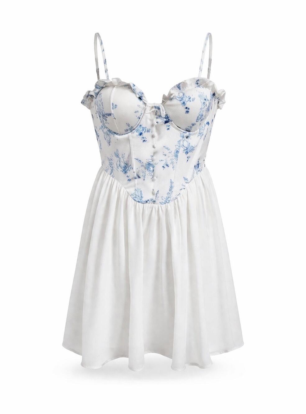 Cider Floral Corset Babydoll Mini Dress Blue White Coquette Cottagecore
